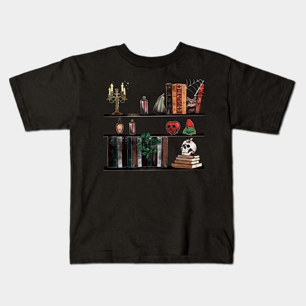 Autumn Halloween Bookshelf Kids T-Shirt by xsaxsandra